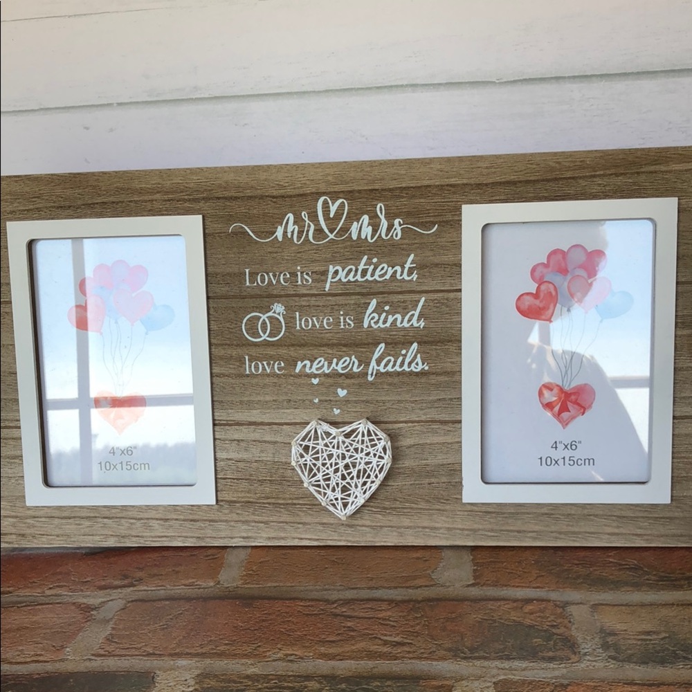 Mr & Mrs Wood Grain Double Photo Frame with Decorative Heart - White Accents